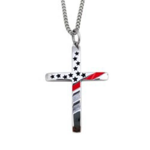 Mens Thin Red Line "It is Finished" Cross Necklace